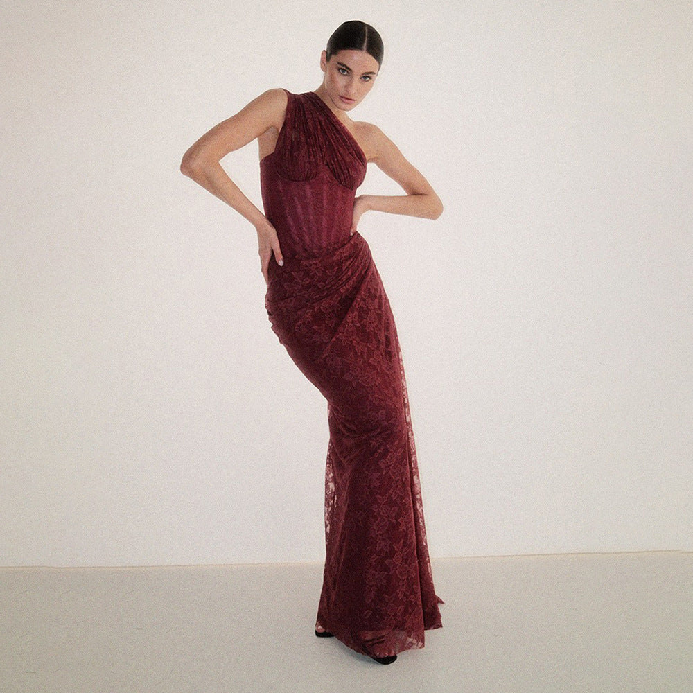 Burgundy deep V-neck lace fishtail evening dress with pleated hem
