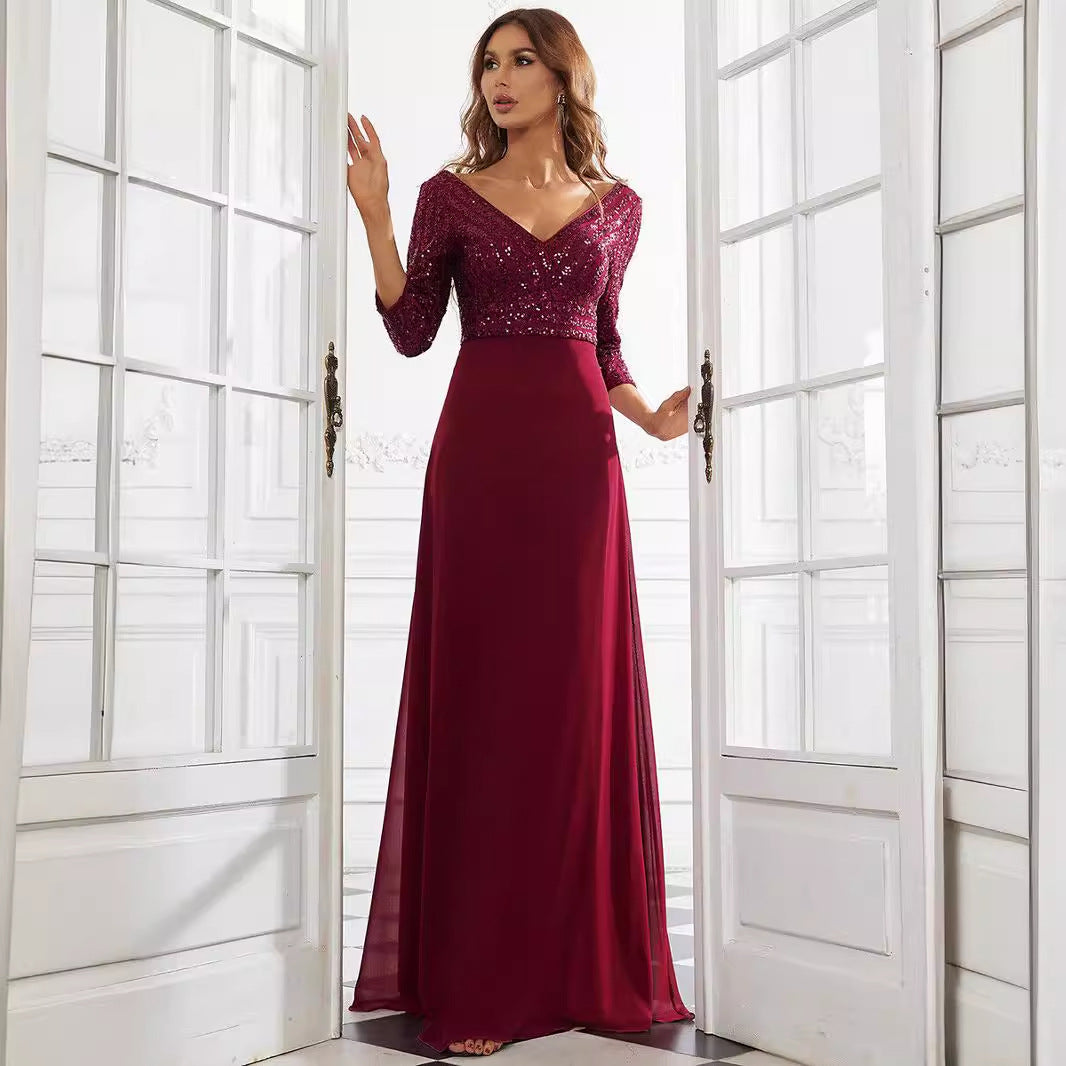 Elegant women's chiffon evening dress with sequin stitching, double V-neck, and A-line skirt