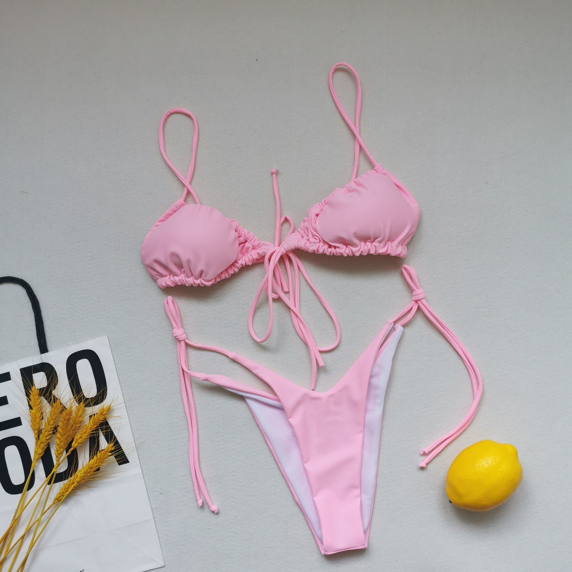 Sling Bandage Swimsuit Women Pleated Push up Drawstring Sexy Solid Color Bikini Swimsuit