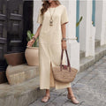 Women's Cotton Linen Midi Dress, Relaxed Fit Round Neck Boho Shift