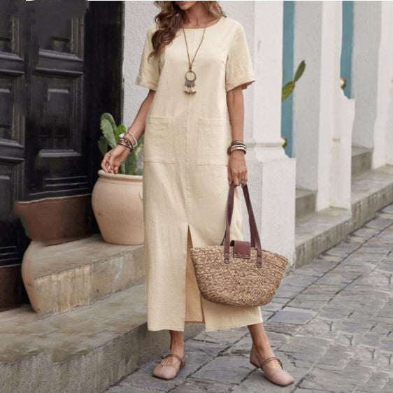 Women's Cotton Linen Midi Dress, Relaxed Fit Round Neck Boho Shift