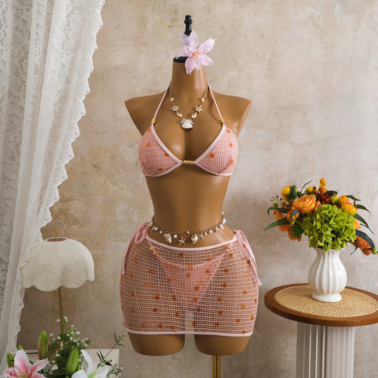 Retro Mesh Sequin Three-Piece Halter Bikini Vacation Swimwear