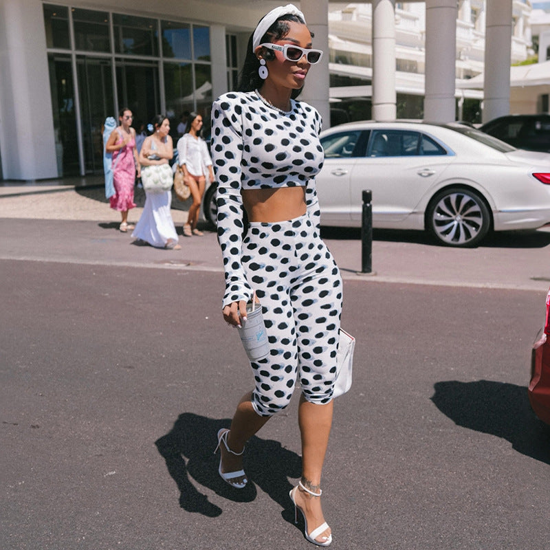 Summer Women Polka Dot Print Long Sleeve Short Top Sexy Slim Fit Fifth Pants Set