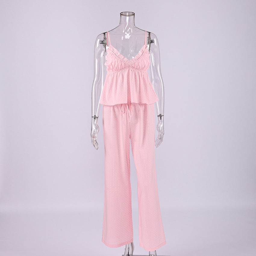 Spring Summer Cotton Pajamas Set Jacquard Suspender Trousers Two Piece Set Exclusive for Ladies Homewear