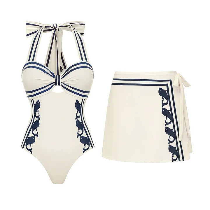 Navy Halter One Piece Swimsuit with Abstract Print Boho Design