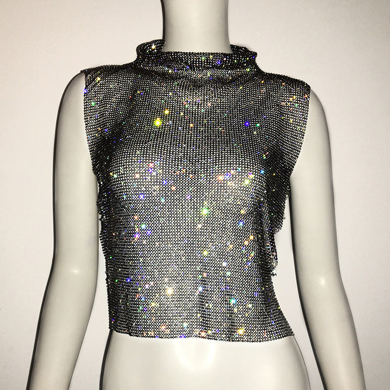 Women Clothing Full Diamond Vest Luxury Turtleneck Rhinestone Top Sexy Nightclub Sexy Vest