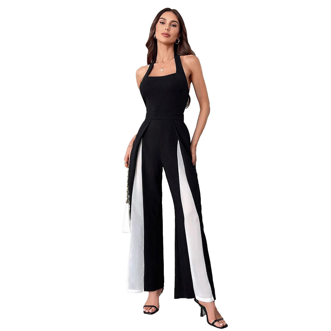 Black Straight Leg Halter Jumpsuit Sleeveless Trousers