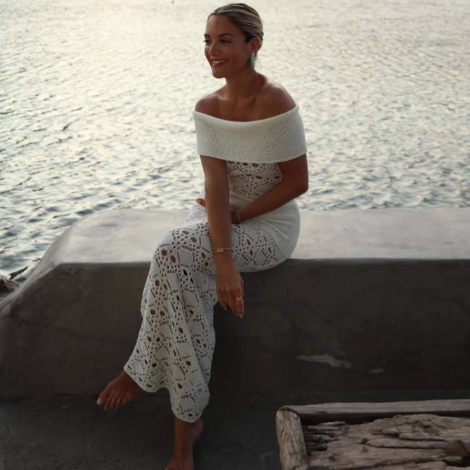 Off Shoulder Hollow Out Cutout Dress Women Summer Waist Hip Knitwear Maxi Dress Women