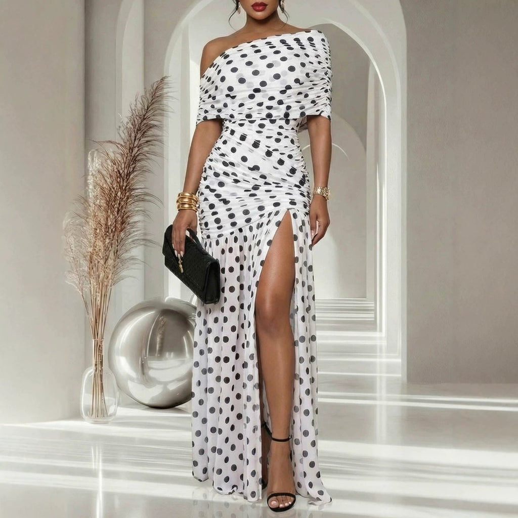 Women Dress Polka Dot Split Patchwork Cold Shoulder Cocktail Sheath Dress