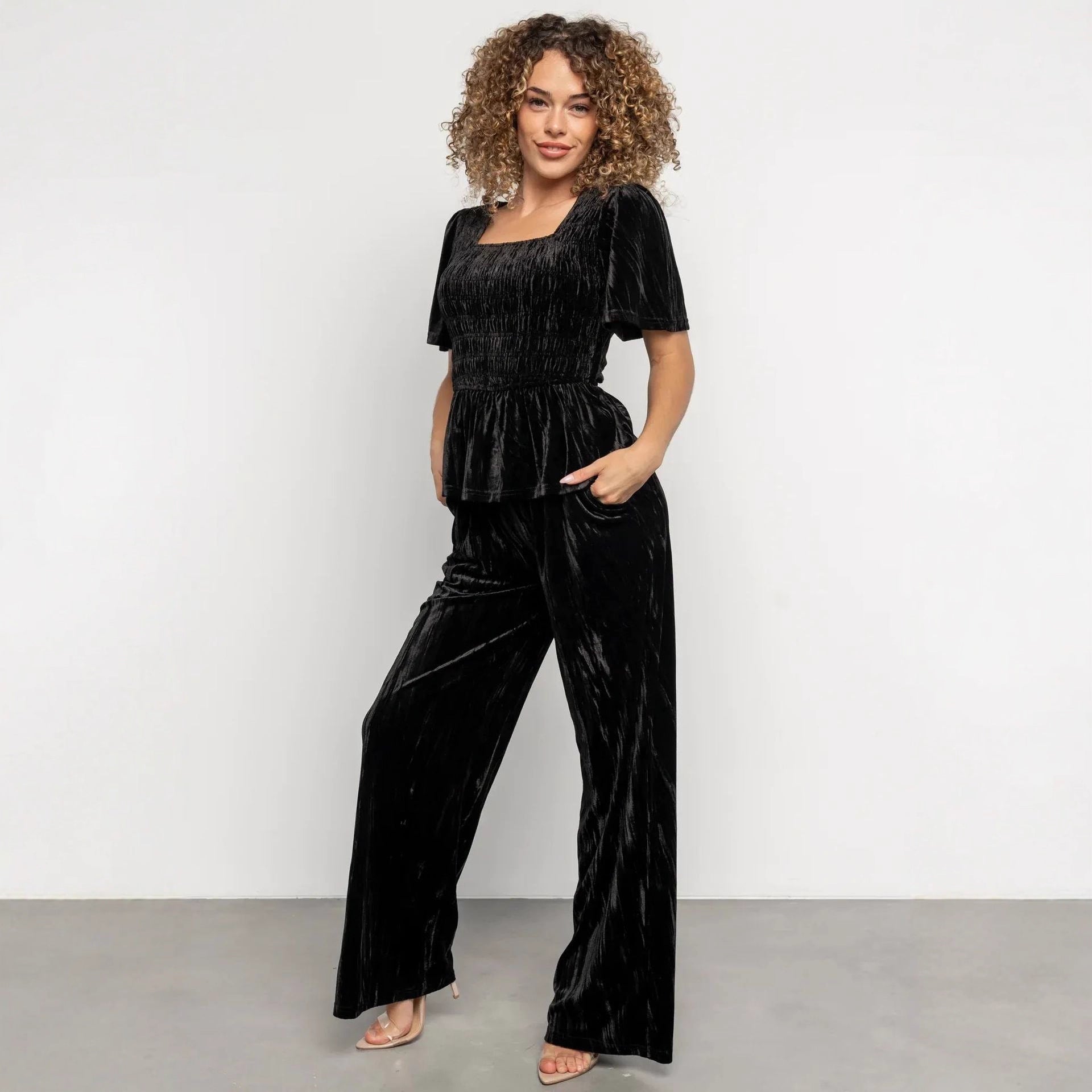 Velvet Women Solid Color Pleated Slim Casual Short Sleeved T shirt Pants Wide Leg Two Piece Set