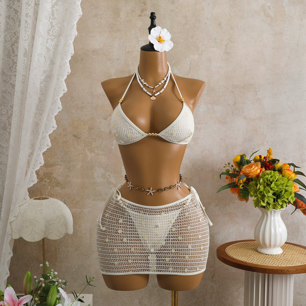 Retro Mesh Sequin Three-Piece Halter Bikini Vacation Swimwear