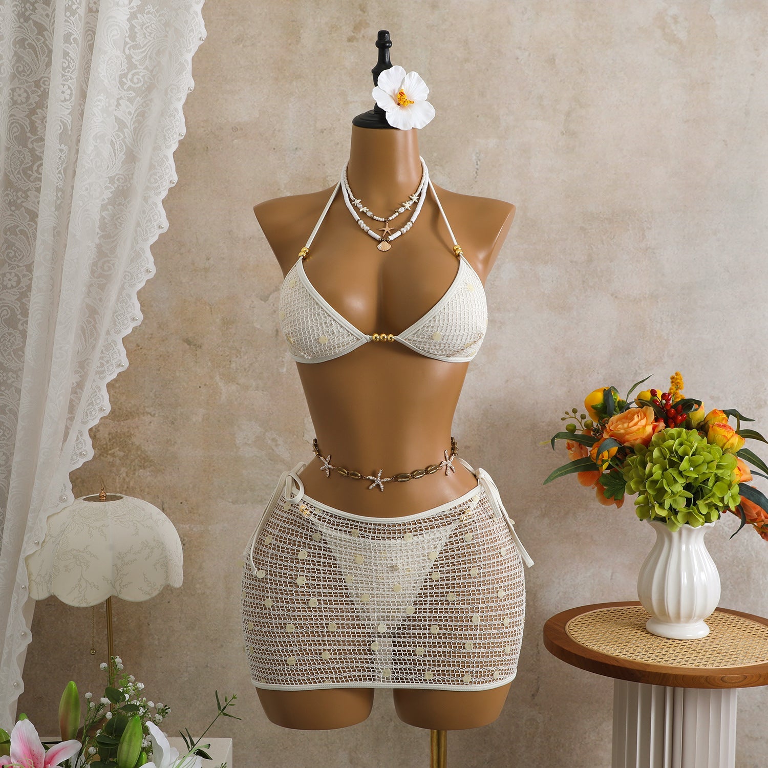 Retro Mesh Sequin Three-Piece Halter Bikini Vacation Swimwear