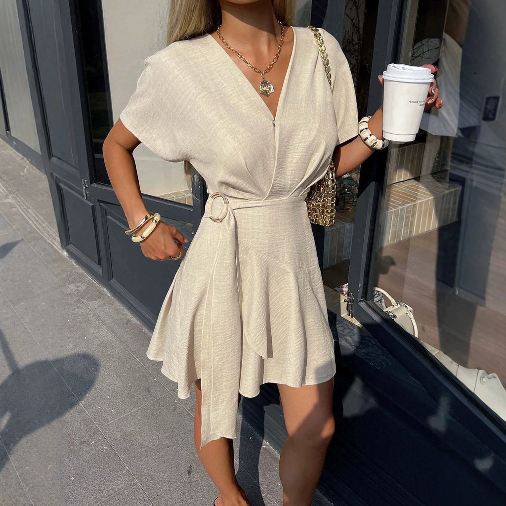 Gentle V neck Dress Tight Waist Slimming Irregular Asymmetric Niche Design