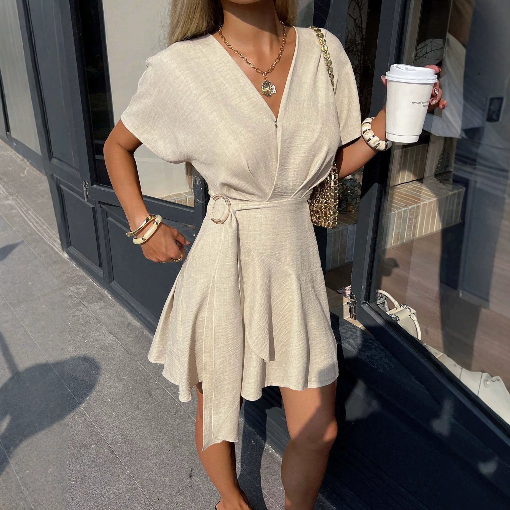 Gentle V neck Dress Tight Waist Slimming Irregular Asymmetric Niche Design