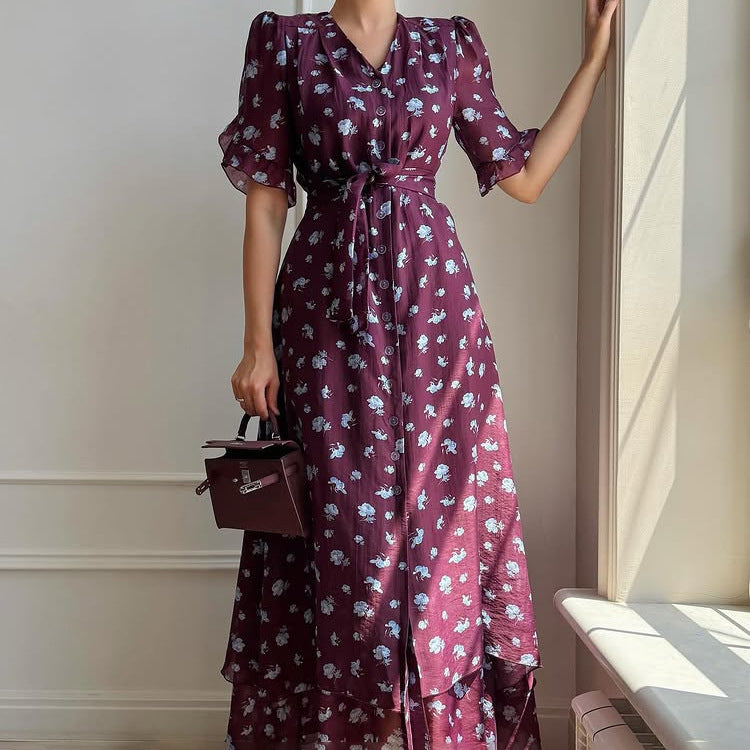 Print French Dress Women V neck Short Sleeve Single Breasted Dress