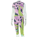 Retro Elegant Women Clothing Lightweight Elastic Pants Printed V neck Two Piece Sets
