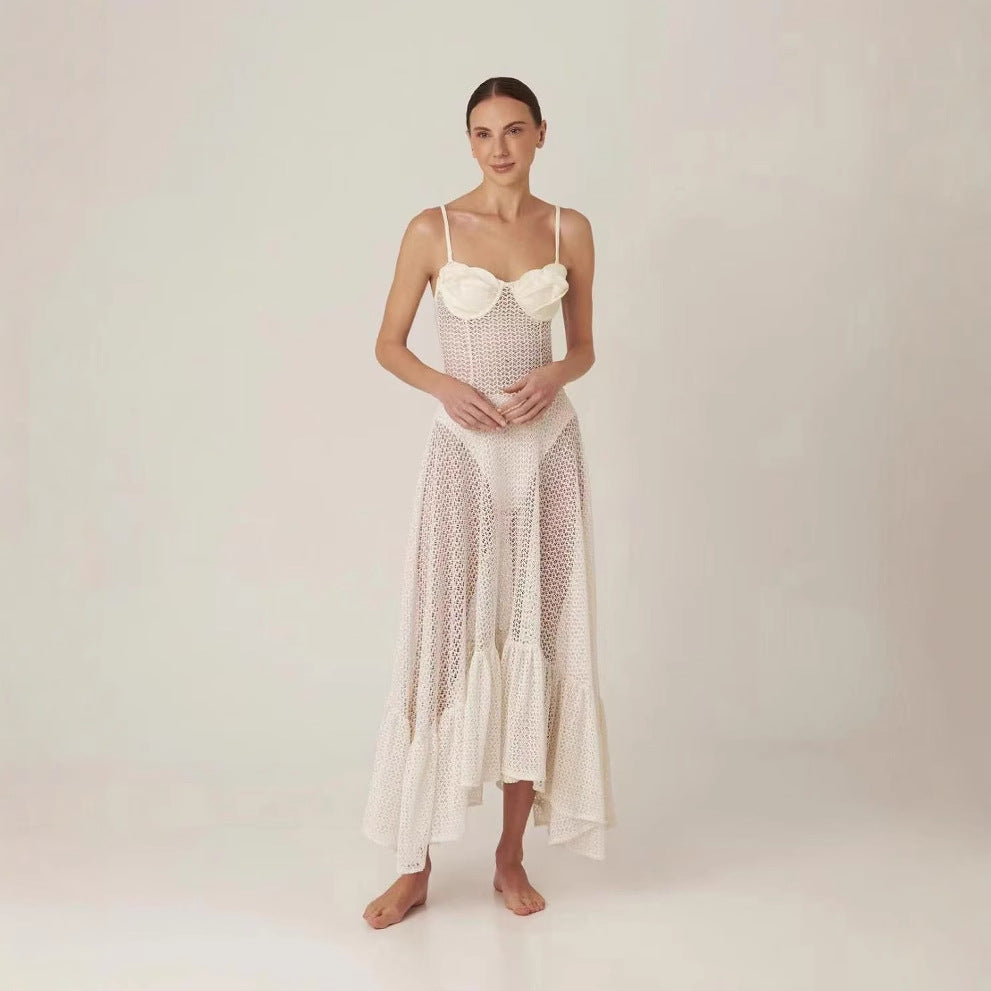 Spring Summer Design Floral Lace Large a Swing Transparent Sling Dress