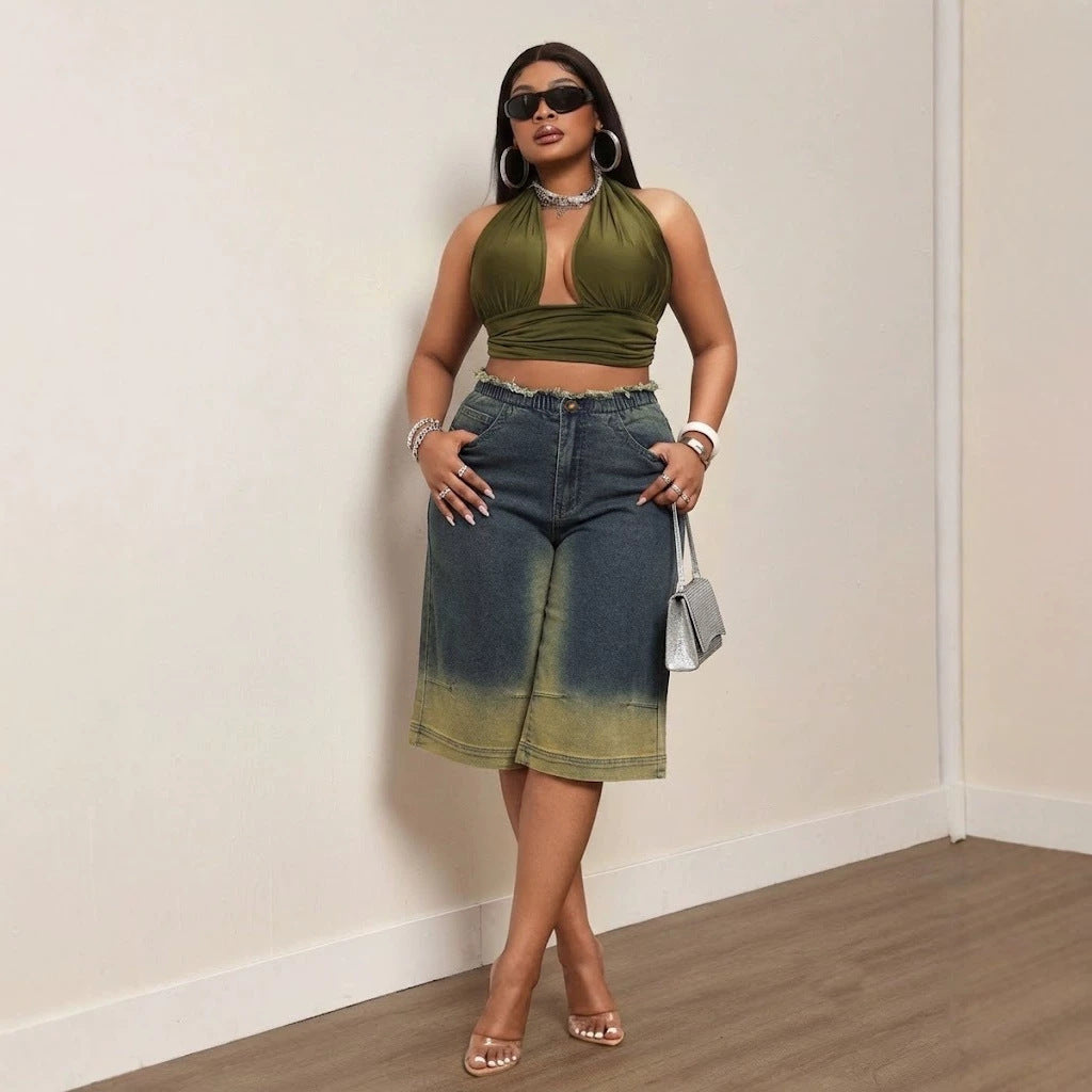 Women Mid Waist Wide Leg High Elastic Contrast Color Denim Pants Summer Loose All Match Cropped Pants