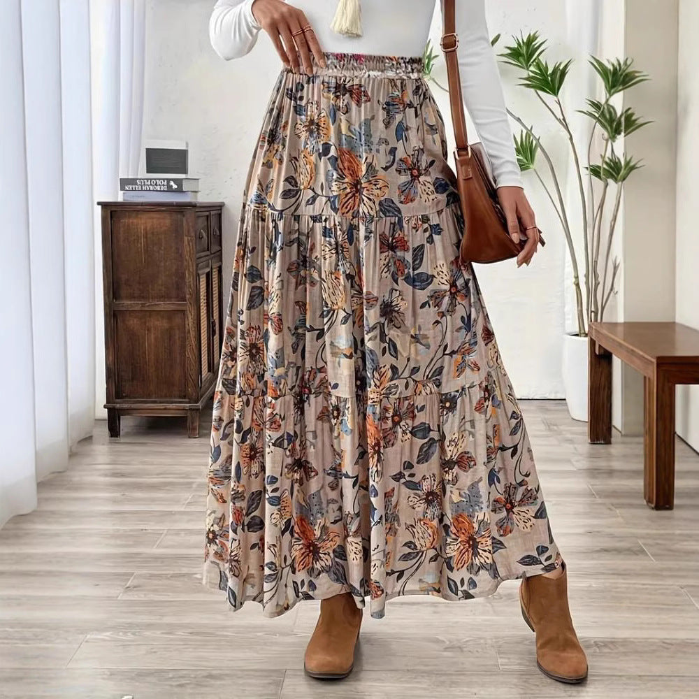 Printed Bohemian Asymmetric Midi Skirt in Peacock Green or Khaki