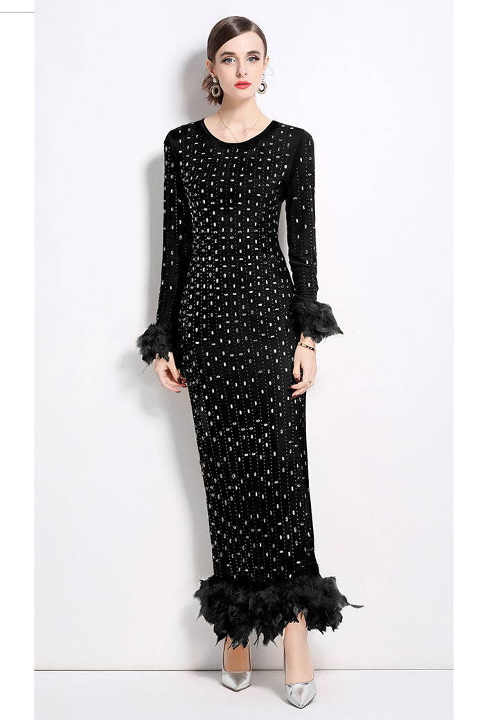 Women's Black Silver Maxi Party Dress with Rhinestone & Feather