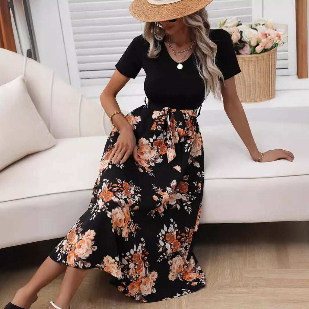 Women Clothing Summer Printed V neck Sexy Mid Length Maxi Dress