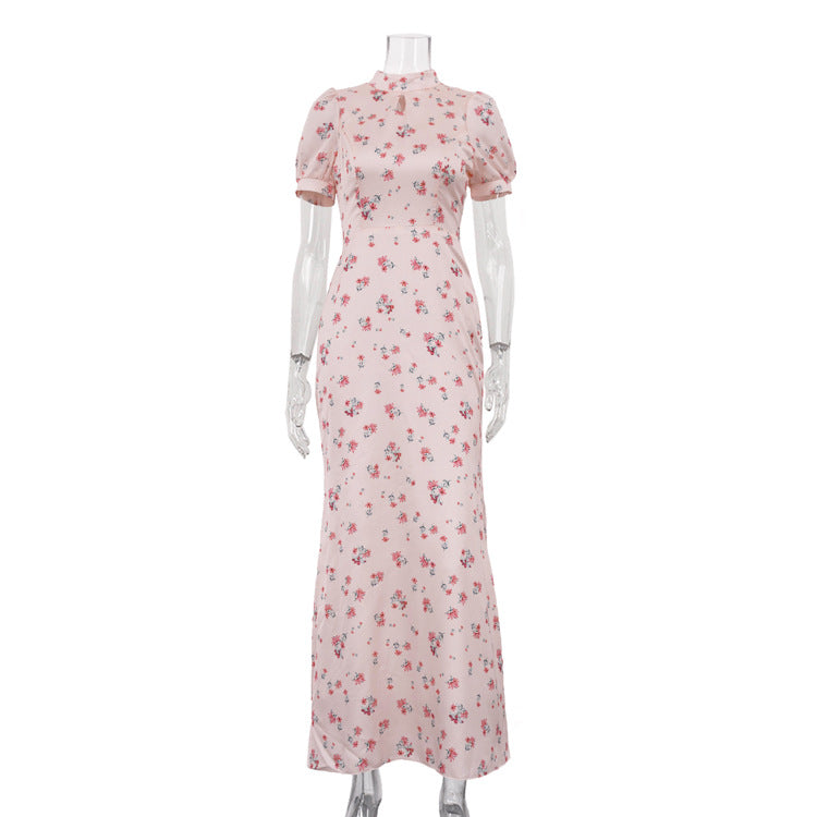 Women Printed Stand Collar Short Sleeve Sheath Dress Hollow Out Cutout High Waist Elegant Dress