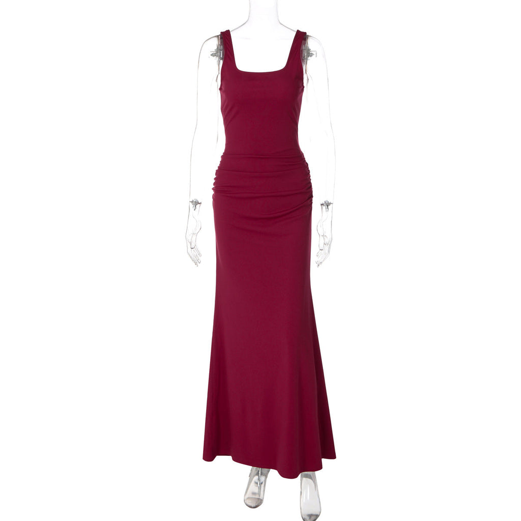 Women Summer Solid Color Low Cut Square Collar Slimming Slimming Dress