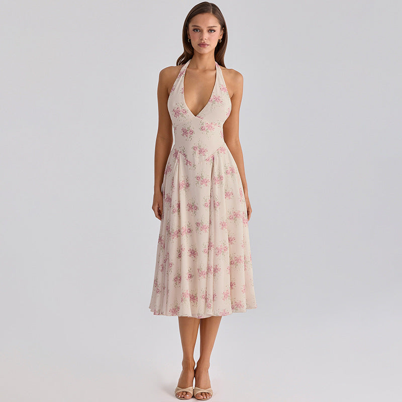 Summer French Elegant Printed V neck Halter Backless Gauzy Stitching Dress