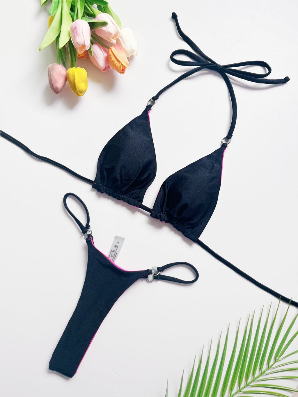 Lace Up Low Waist Bikini Set with Ring Detail and Halter Strap