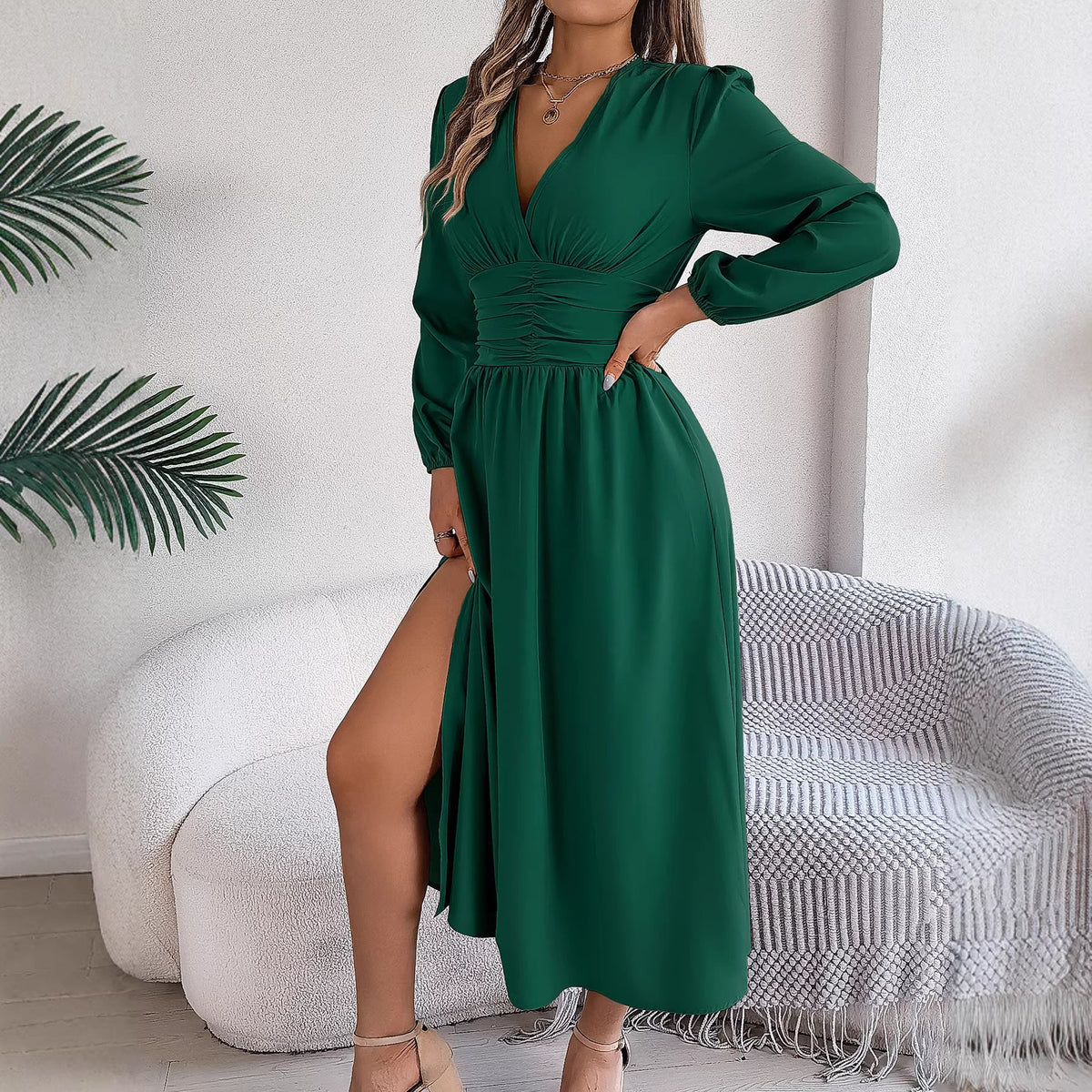 Women Clothing Spring Summer Solid Color V neck Long Sleeve Sexy Slit Dress