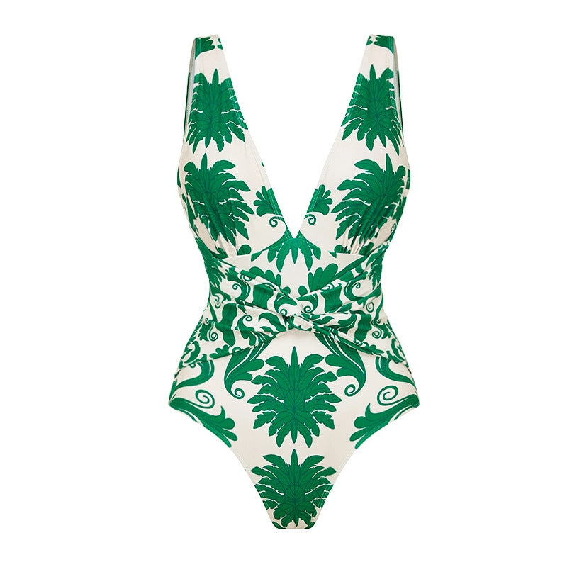 Floral V-Neck Ruched One Piece Swimsuit in Green and White