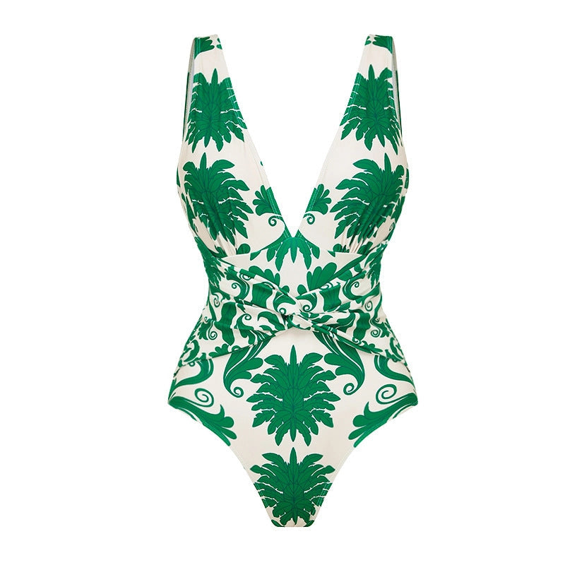 Floral V-Neck Ruched One Piece Swimsuit in Green and White