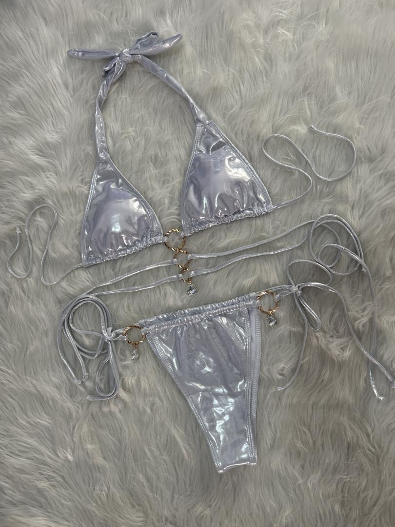 Crystal Diamond Triangle Bikini Set with Halter Strap & Ring Detail