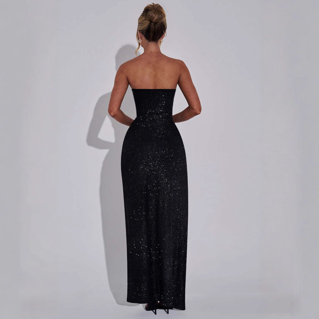 Spring Summer Socialite Elegant Sexy Slim Fit Shiny Tube Top Split Dress for Women