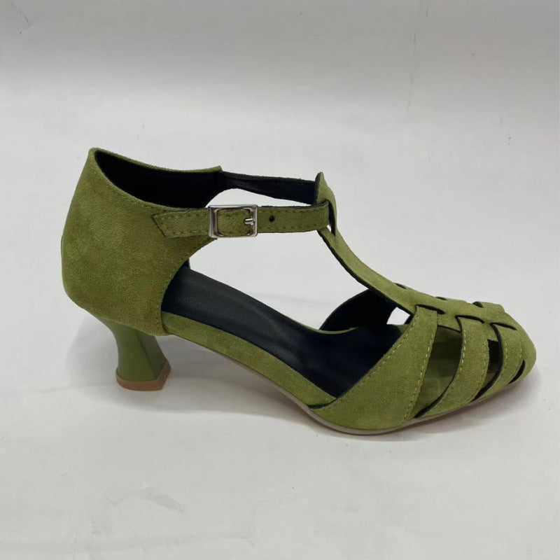Women's Green Suede T-Strap Cutout Kitten Heel Sandals - Image 4