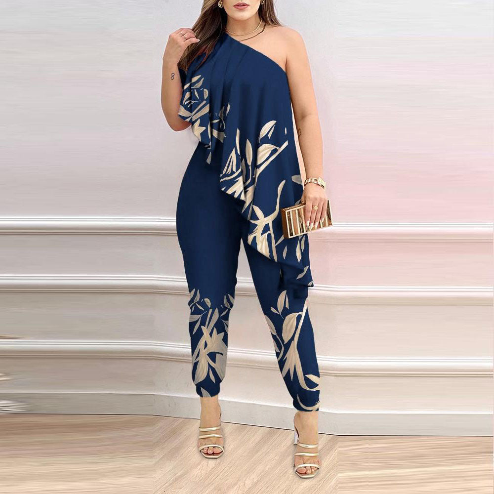 Woman wearing a glamorous one-shoulder ruffled floral jumpsuit in a relaxed fit
