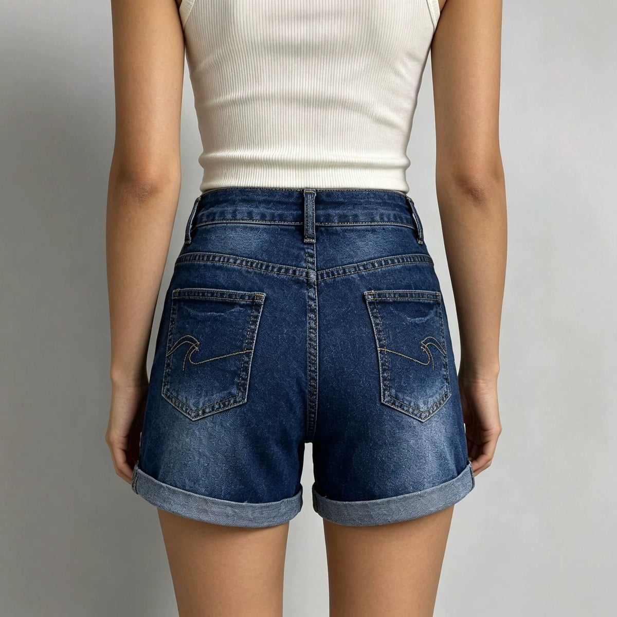 Summer Dark Blue Retro Elastic High Waist Casual Women Denim Shorts
