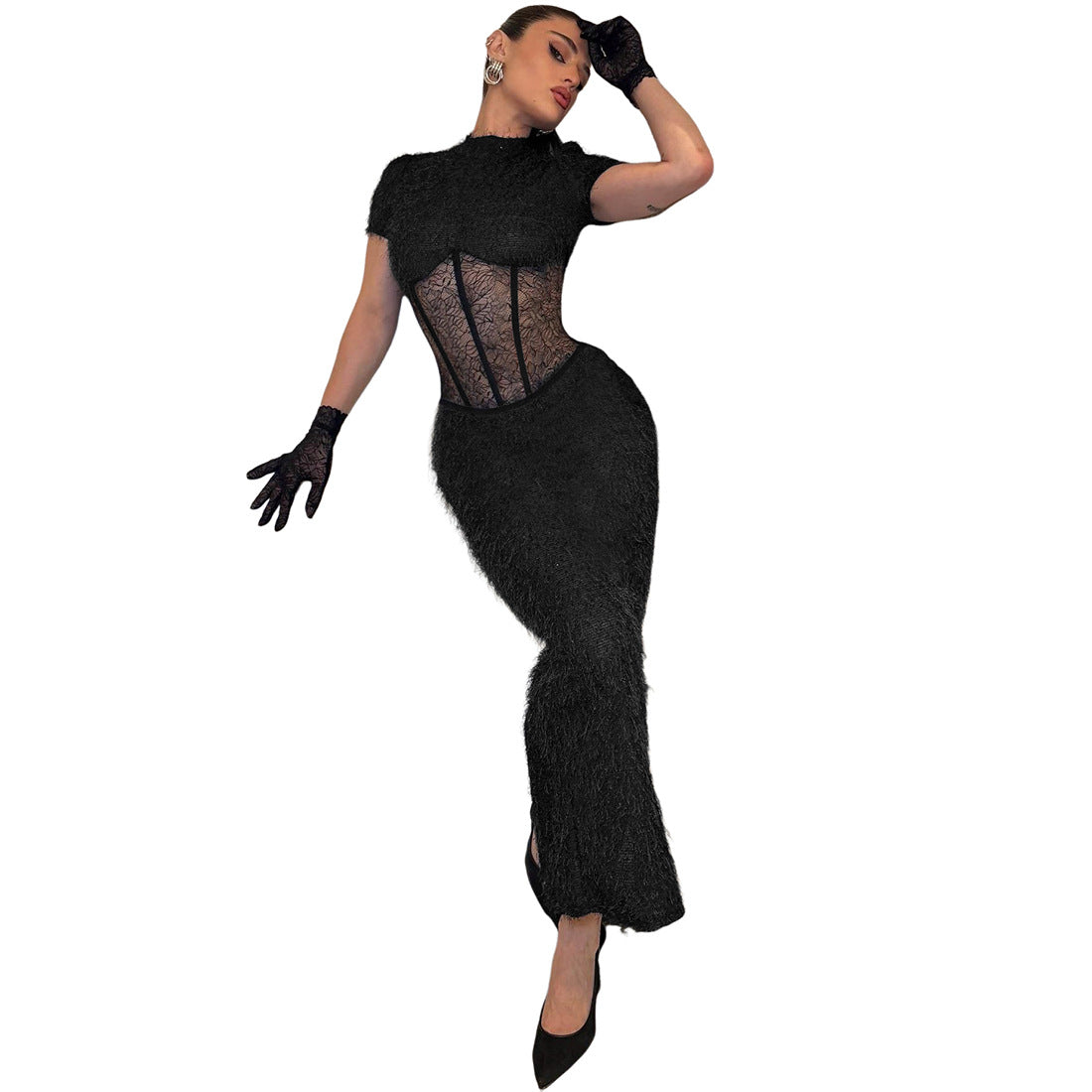 Sexy Slim Fit See-Through Split Short Sleeve Elegant Mini Dress