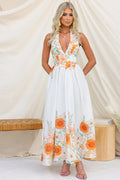Summer Positioning Elegant Sunflower Printed V neck Waist Controlled Large Hem Dress