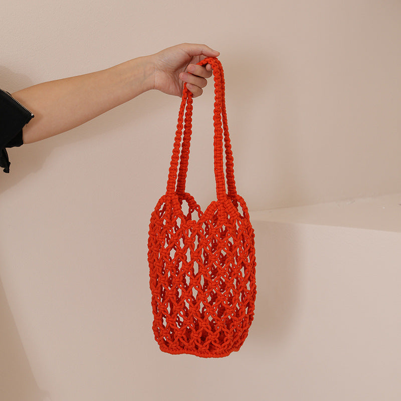 Woven Cotton Cutout Shoulder Bag Beach Fishing Net Style - Image 3