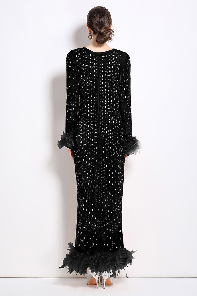 Women's Black Silver Maxi Party Dress with Rhinestone & Feather