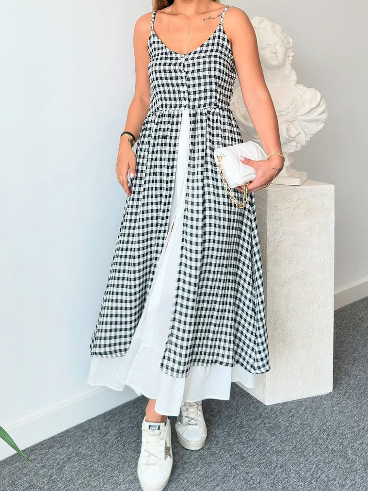 Women V neck Brace Casual Printing Plaid Split Faux Two Pieces Dress