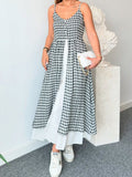 Women V neck Brace Casual Printing Plaid Split Faux Two Pieces Dress