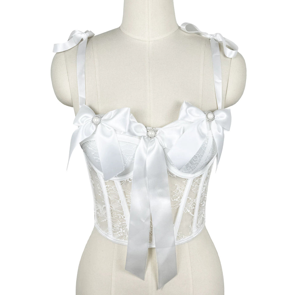 Lace Bow Boning Corset Bra Sexy Slimming Fish Hanging Tube Top Women Short Camisole Strap