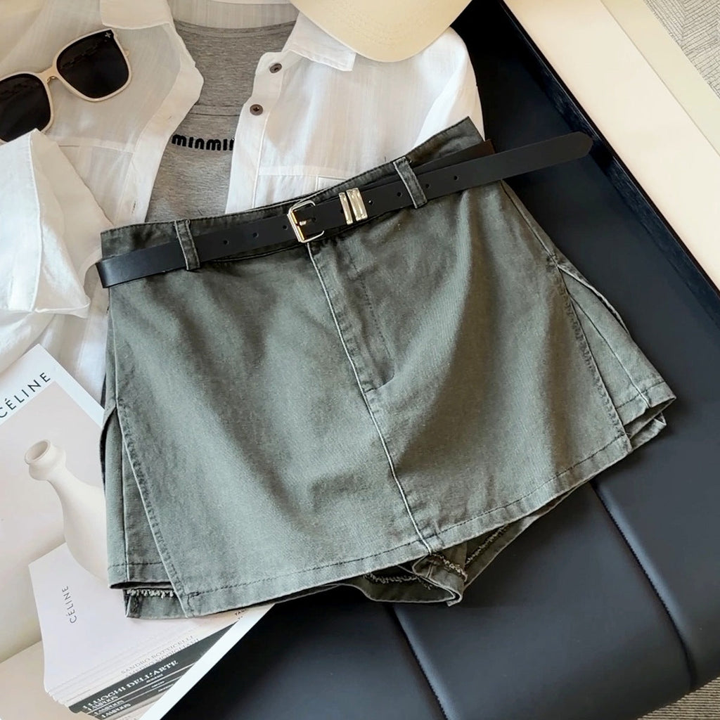 Retro Workwear High Waist Slimming Denim Short Culotte Women Autumn Anti Exposure A line Short Skirt