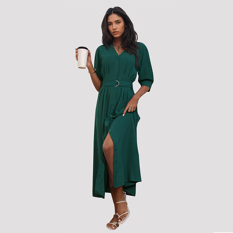 Summer Women Middle Sleeve Green Dress with Belt