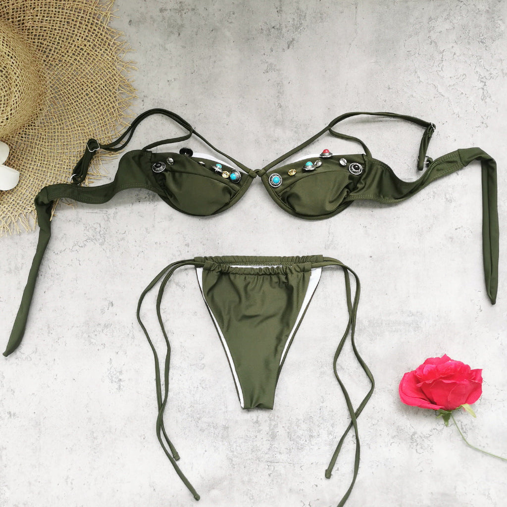 Solid Color Lace-Up Push-Up Bikini Top with Cutout Detailing