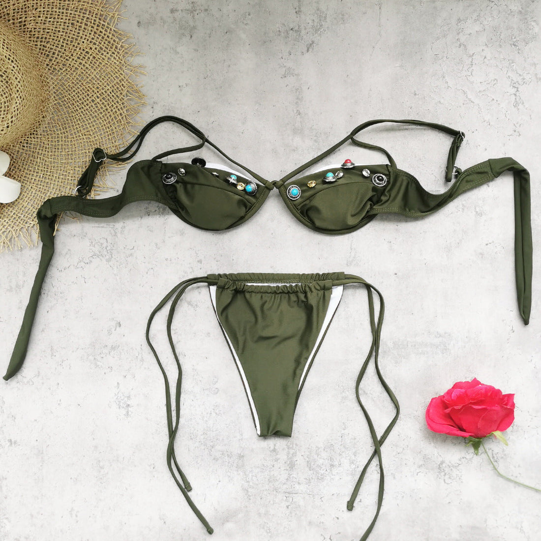 Solid Color Lace-Up Push-Up Bikini Top with Cutout Detailing