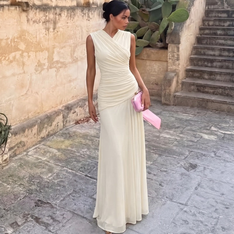 French V neck Solid Color Maxi Dress Summer Waist Slimming Draping Effect Maxi Dress