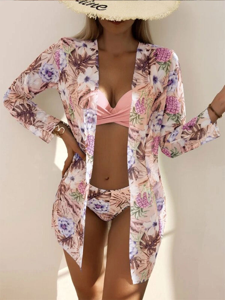 Beach Three Piece Sexy Multi Color High Waist Mesh Split Printed Bikini